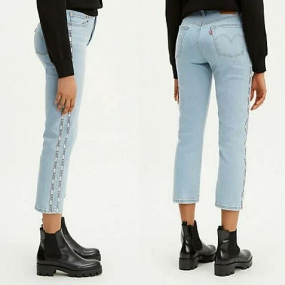 LEVIS‎ 501 Original Sport Stripe Cropped High-Rise Straight Logo Leg Jeans 32/26 - Picture 1 of 16